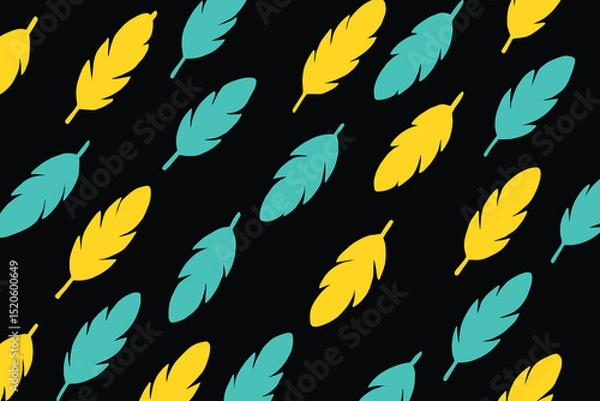 Fototapeta Pop Art Style Seamless Feather Pattern in yellow and turquoise on Black Background
