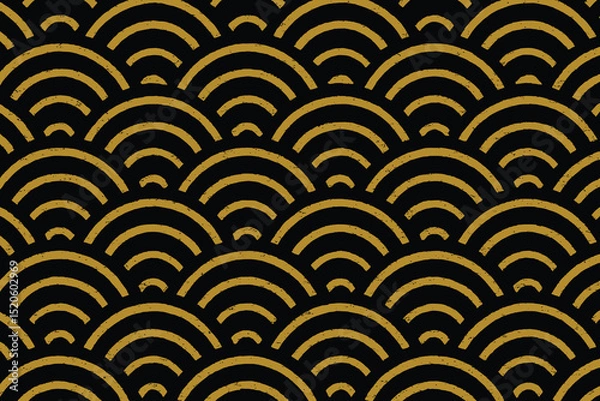 Fototapeta Seamless Japanese Seigaiha Wave Pattern with Golden Arcs on Black Background