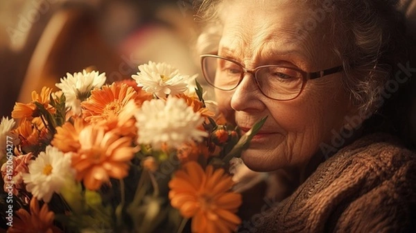 Obraz A patient receiving a bouquet of flowers, smiling despite the pain