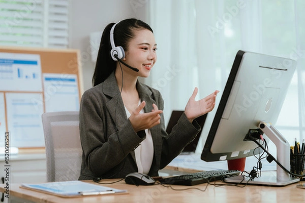 Obraz Smiling Asian female call center agent wearing a headset, speaking with a client at her office desk, providing professional customer support.