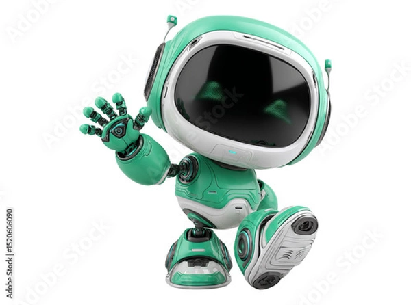 Fototapeta Friendly green robot waving hello futuristic technology, On Transparent Background, Png