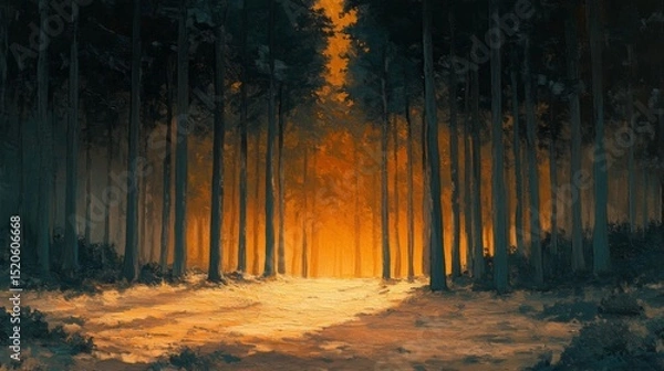 Obraz Golden Sunlight Path Through Dark Forest
