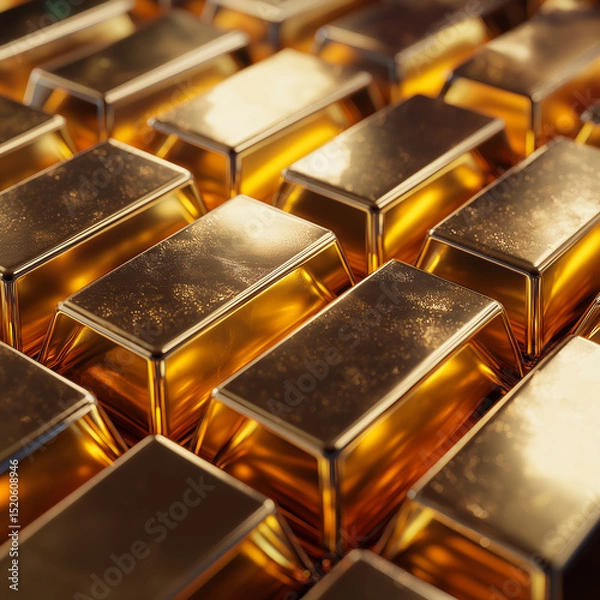 Fototapeta Top-down view of gleaming gold bars in hyper-realistic luxury