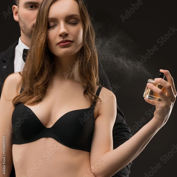 Fototapeta Woman applying perfume with a man standing behind in elegant attire