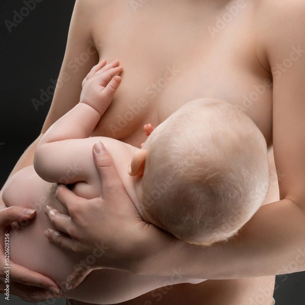 Fototapeta Mother breastfeeding newborn in a serene indoor setting during daytime