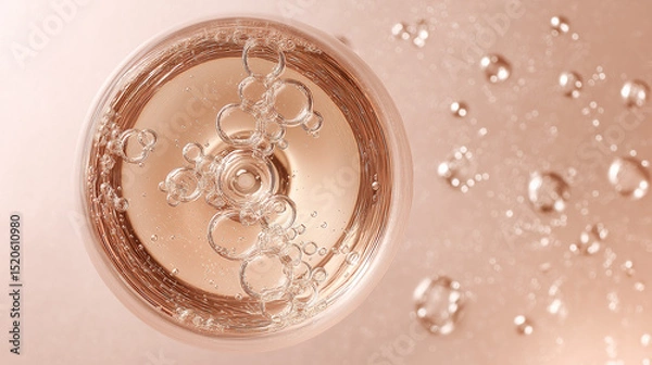 Fototapeta Rose sparkling wine glass with elegant bubbles, soft shadows on pink background - celebration and luxury in a delicate moment