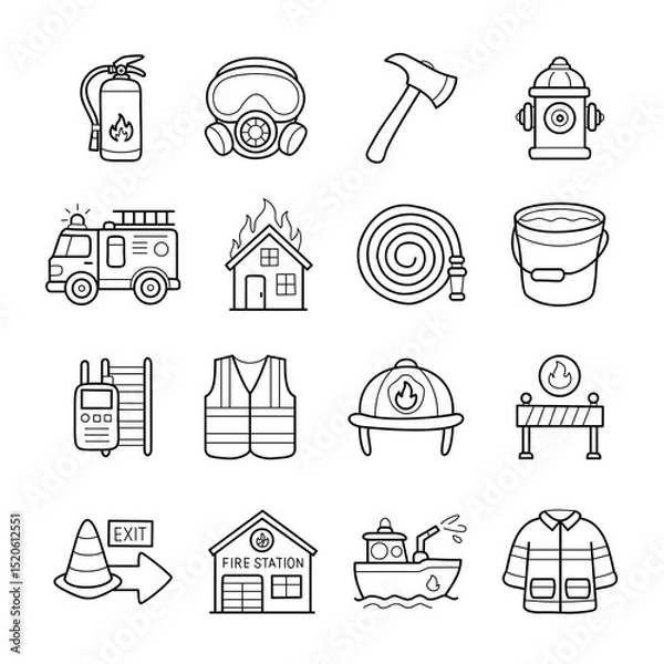 Obraz Collection of firefighting equipment and safety icons, cute outline clipart and symbols, hand drawn line art set illustrations.
