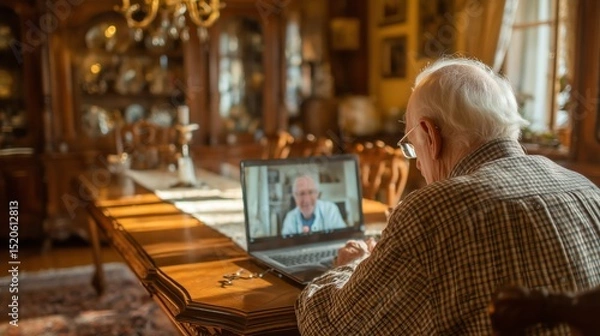 Obraz Senior Patient Consulting with Doctor via Telehealth in Warm Home Setting