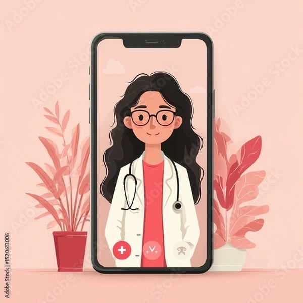 Fototapeta Telemedicine Nurse on Video Call, Simple Healthcare Background with Copy Space, Professional Yet Approachable