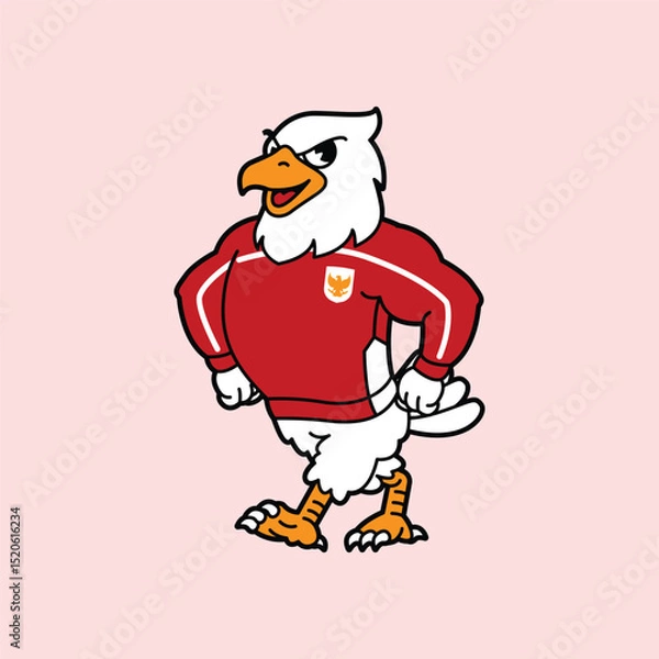 Fototapeta White Eagle or Garuda wearing red football jersey vintage retro mascot character pose and celebration. Fit for team branding, merchandise, event graphics, or promotional material.