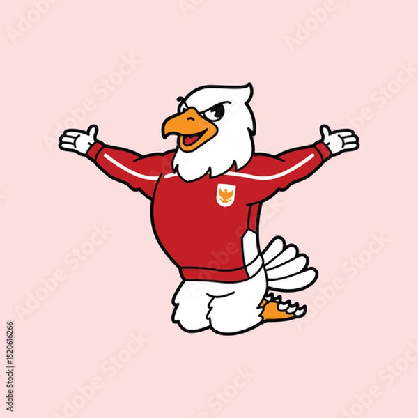 Fototapeta White Eagle or Garuda wearing red football jersey vintage retro mascot character pose and celebration. Fit for team branding, merchandise, event graphics, or promotional material.