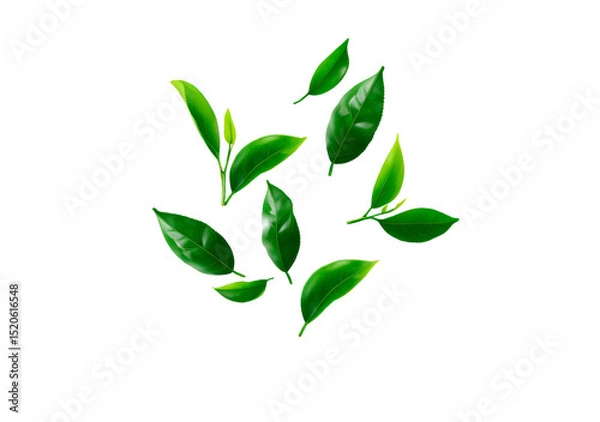 Fototapeta Fresh green tea leaves floating on transparent background, PNG