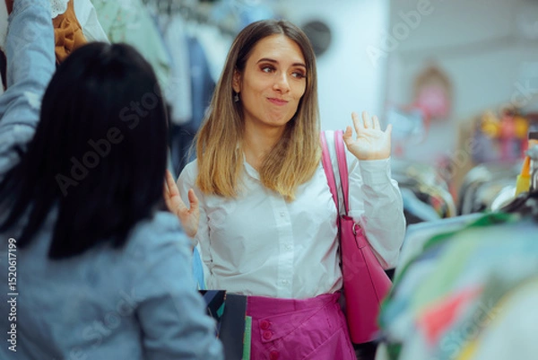 Fototapeta Woman Avoids an Acquaintance She Sees Randomly in a Store. Rude impolite lady feeling awkward talking to strangers in a mall
