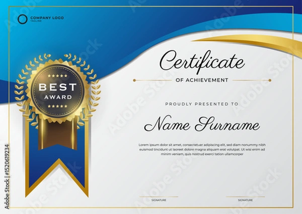 Fototapeta Elegant minimalism blue and gold certificate template