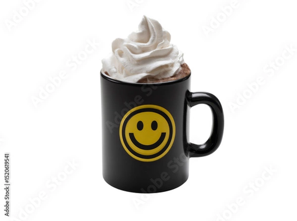 Fototapeta Happy hot chocolate with whipped cream in black mug, On Transparent Background, Png