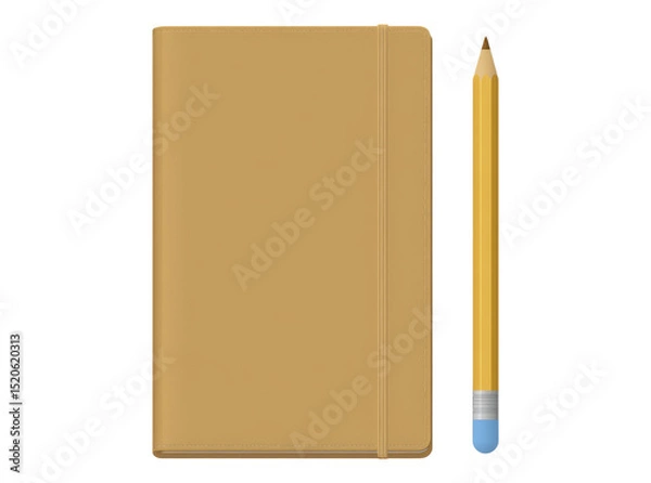 Fototapeta Tan notebook and yellow pencil mockup isolated on black background, On Transparent Background, Png
