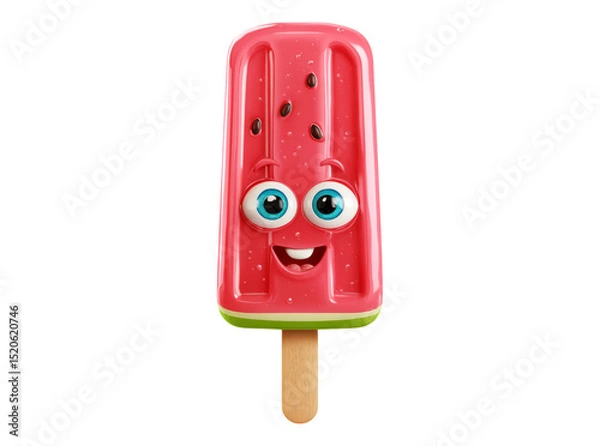 Fototapeta Happy watermelon popsicle summer treat cute cartoon ice lolly, On Transparent Background, Png
