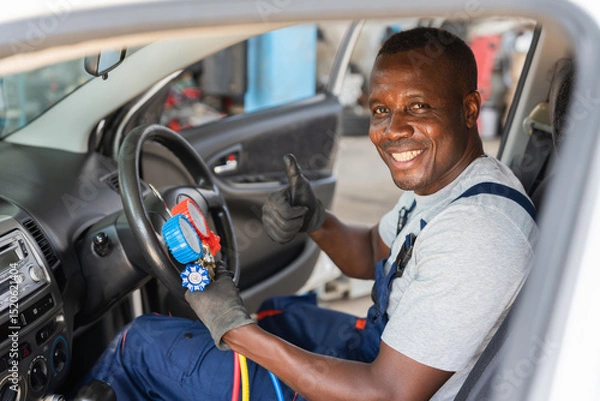 Fototapeta Rear view of Smiling Mechanic in Car Holding AC Gauges, Happy Auto Technician Giving Thumbs Up, Professional Car Repair Service Completed Successfully