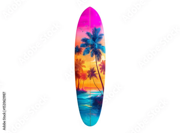 Fototapeta Vibrant surfboard design tropical sunset palm trees ocean beach summer, On Transparent Background, Png