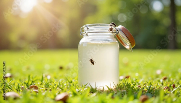Fototapeta Jar containing insect on grass in sunny park during summer  