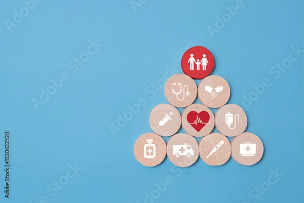 Obraz Health insurance concept, wooden blocks with healthcare medical icon, blue background