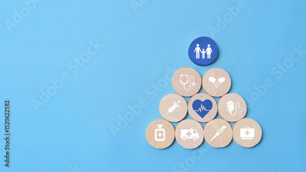 Obraz Health insurance concept, wooden blocks with healthcare medical icon on blue background