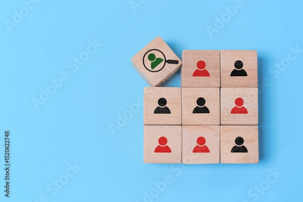 Obraz For buyer persona and target customer concept. Customer psychology profile ,characteristics. Personalized marketing and customer analysis. Wooden cube blocks with buyer persona icons