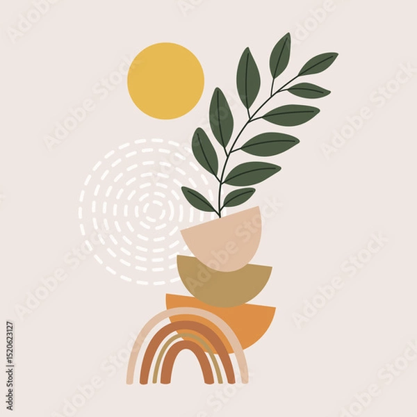Fototapeta leaves line art drawing with abstract shape. Abstract Plant Art design for print, cover, wallpaper, Minimal and natural wall art.