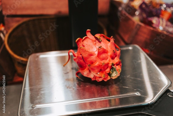 Fototapeta Red pitahaya on the scales in a supermarket. Weighing fruits before buying. Exotic fruits in the store