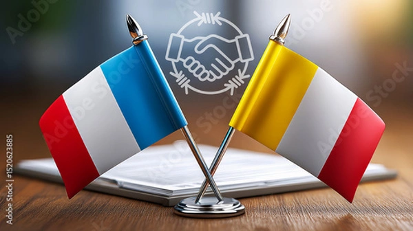 Obraz Two crossed flags with a handshake icon, symbolizing diplomacy, partnership, or international cooperation.