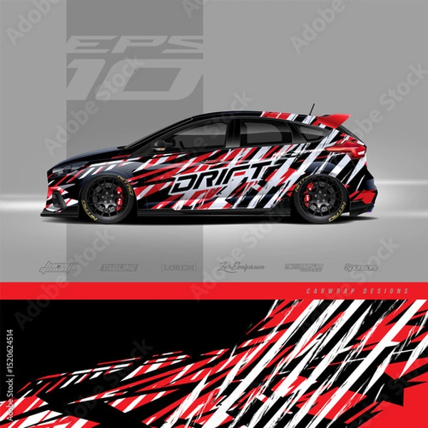 Fototapeta Racing car wrap design vector. Graphic abstract stripe racing background kit designs for wrap vehicle, race car, rally, adventure and livery. Full vector eps 10	
