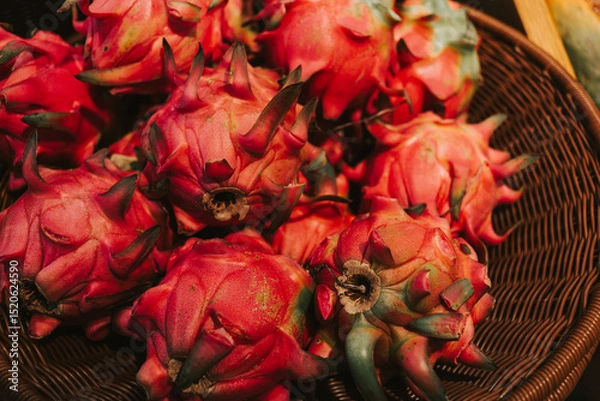 Fototapeta Red ripe pitahaya in a basket near the counters in the supermarket. Delicious exotic fruits in the grocery store.