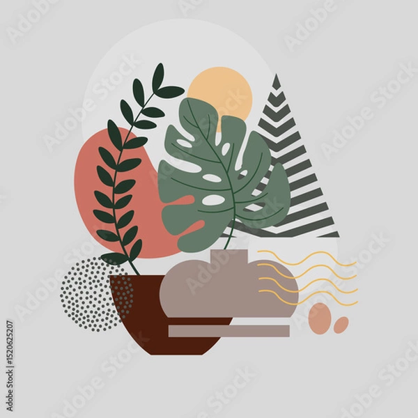 Fototapeta leaves line art drawing with abstract shape. Abstract Plant Art design for print, cover, wallpaper, Minimal and natural wall art.