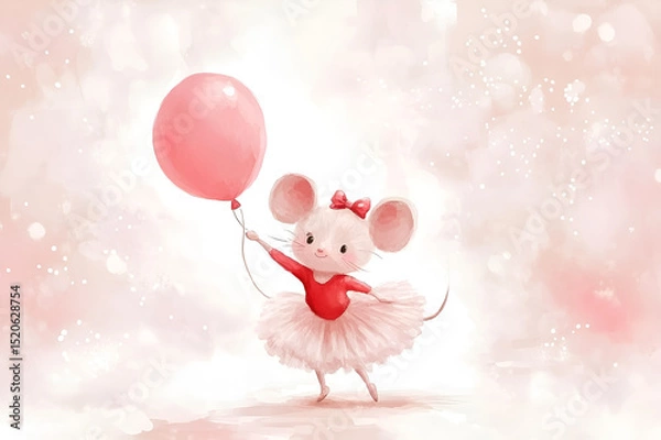 Fototapeta little mouse in ballerina clothes holding balloon. watercolor postcard with copy space