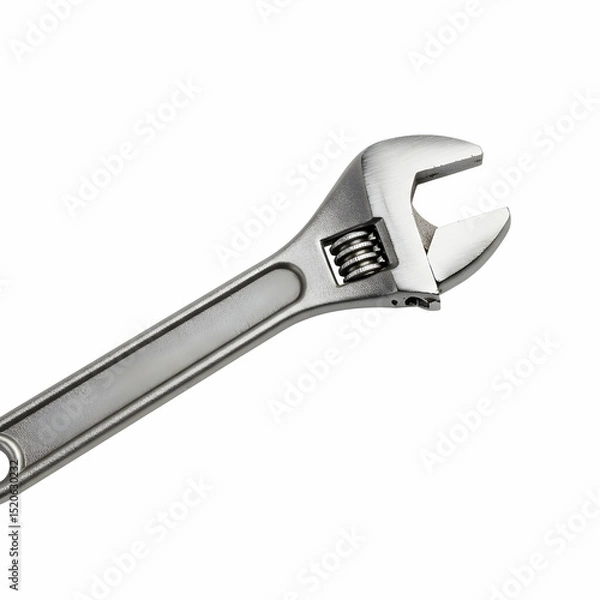 Fototapeta A close up view of a silver adjustable wrench with a white background in a studio setting