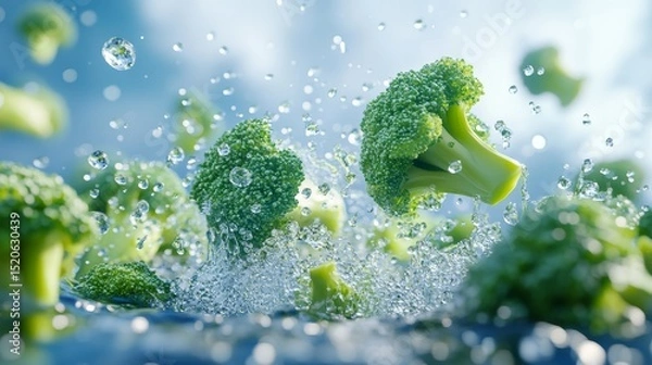 Fototapeta Fresh Broccoli Florets Splashing in Pure Water Healthy Eating Concept