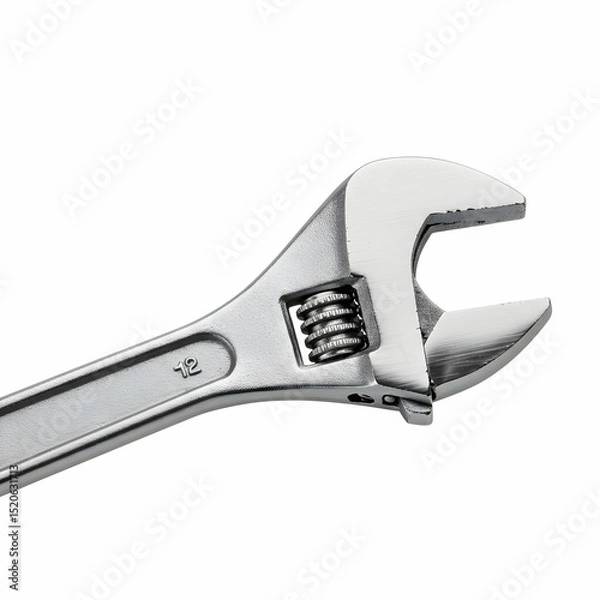 Fototapeta Close up view of a shiny metal adjustable wrench with a spring mechanism on a white background