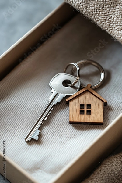 Fototapeta a key with a house-shaped keychain lies inside a gift box