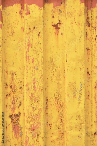 Obraz Yellow grunge sea freight container background, rusty corrugated pattern, red primer coating, vertical rusted steel, grungy paint detail, old aged weathered textured rust metallic copy space closeup