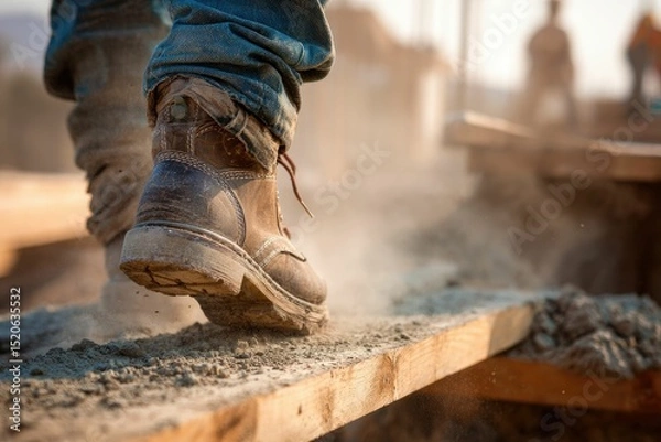 Fototapeta Builderâ€™s boots walking across a dusty construction platform