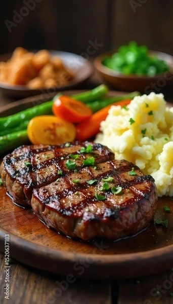 Obraz A hearty spread of grilled steak, roasted vegetables, and creamy mashed potatoes, served family-style on a rustic wooden table, embodying a classic ranch meal , spices, food, western