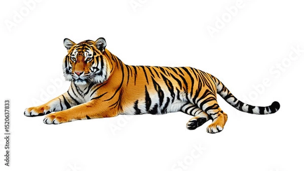 Fototapeta Majestic Tiger Relaxing Gracefully on a Black Background with Striking Orange and Black Stripes