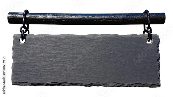 Fototapeta Rustic Slate Sign Hanging from a Wooden Rod with Black Hooks for Customizable Messages or Labels