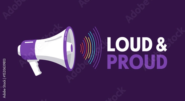 Fototapeta Loud & Proud. Megaphone with rainbow sound waves symbolizing LGBTQ+ pride and activism on a purple background.