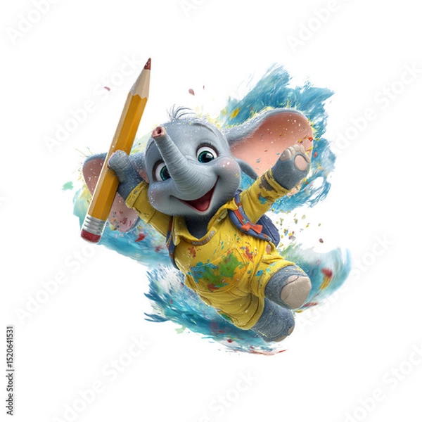 Fototapeta Joyful Cartoon Elephant with Pencil Splashing in Paint