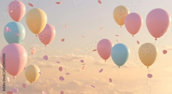 Obraz Pastel Balloons Floating with Pink Petals Against Soft Sky Backdrop