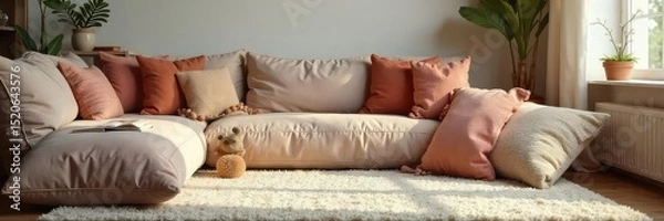Obraz Soft, plush cushions scattered on a cozy living room floor, creating a comfortable and inviting domestic scene Perfect for relaxation and unwinding after a long day , relaxed, pillows