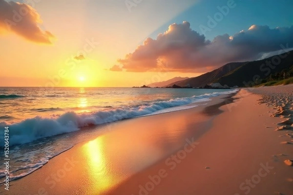Obraz Stunning panoramic view of a tranquil beach at sunset, with soft golden light illuminating the sand and waves Perfect for travel, vacation, and summer themes , summer, vacation