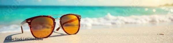 Obraz Stylish sunglasses rest on a vibrant summer beach scene, reflecting the bright sun and ocean waves Perfect for travel, vacation, and summer promotional materials , heat, sunshine