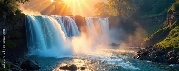 Obraz Sunbeams illuminate a cascading waterfall, creating a magical, ethereal scene The water sparkles, mist hangs in the air, and the sunlight paints the landscape in vibrant hues , dramatic light, stones